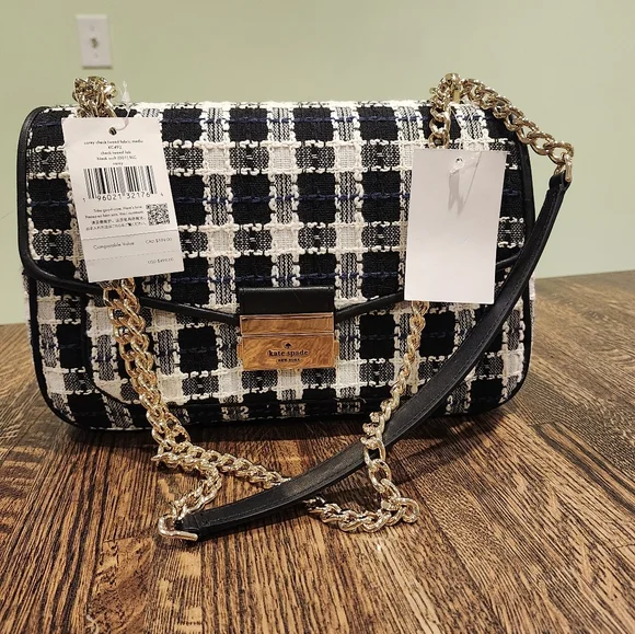 NWT Kate Spade Black, White, Blue Carey Checked Tweed Medium Shoulder Bag Chain - Picture 10 of 15